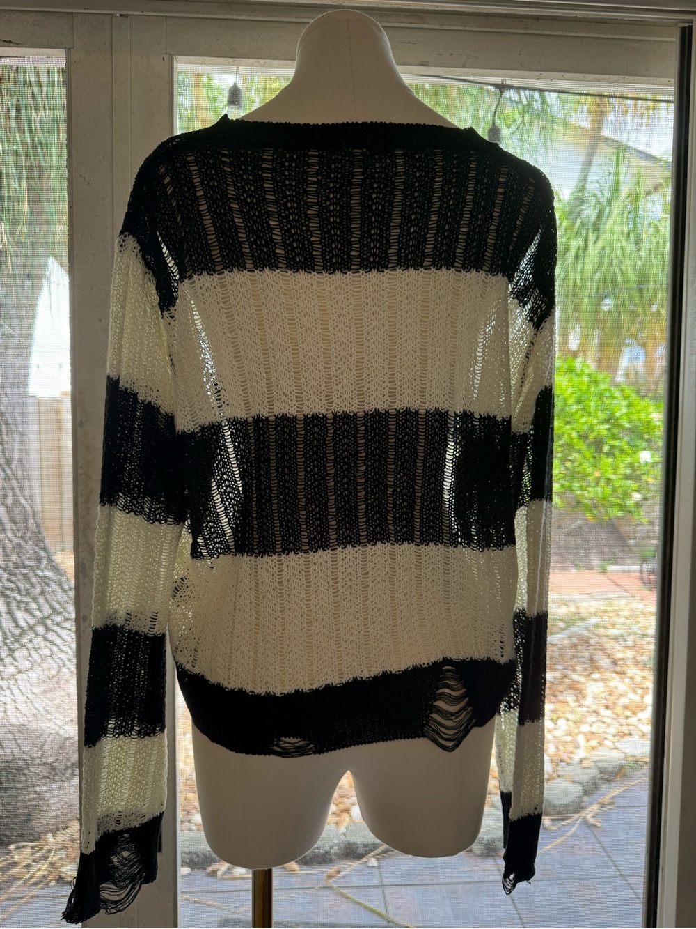 POL Black & White Striped Open Knit distressed Sweater - Picture 2 of 3